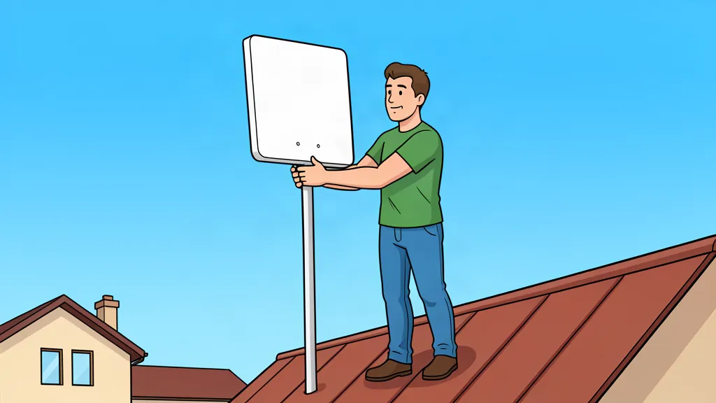 Cartoon of a homeowner installing a Starlink satellite dish on a roof and giving a thumbs up